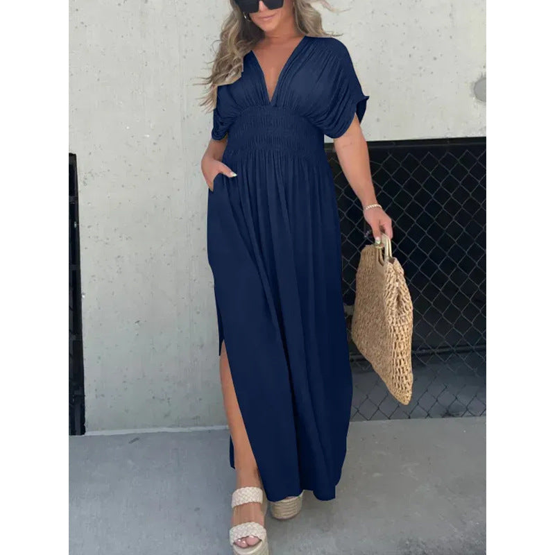 Color Bat Sleeve Elastic Waisted Slimming Dresses