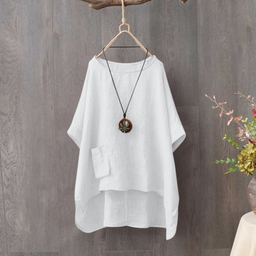 Summer Fashion Round Neck Pocket Solid Blouses