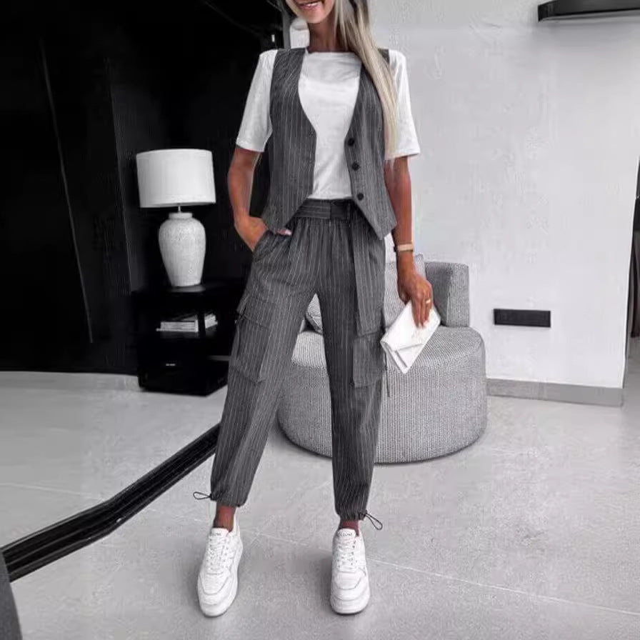 Stylish Classic Women's Printed Sleeveless Trousers Fashion Casual Suit