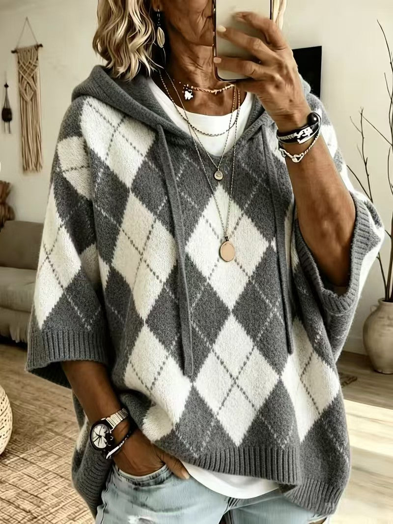 Knitted Plaid Printed Casual Hooded Drawstring Tops