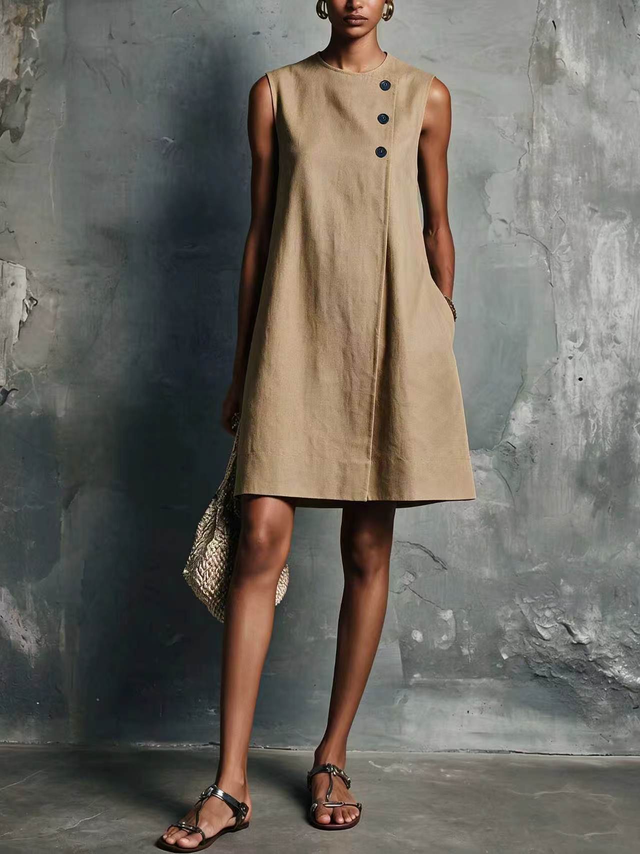 Women's Blended Round Neck Asymmetric Button Side Dress
