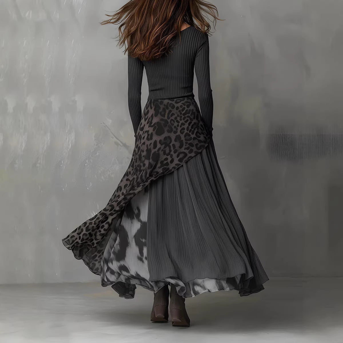 Stitching Leopard Print Elastic Waist Long Sleeve Big Hem Dress