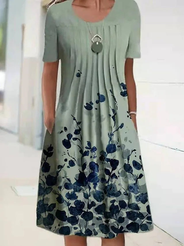 Women's Floral Print Round Neck Pullover Mid-length Dress