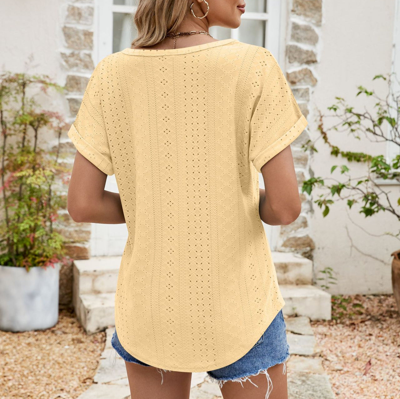 Women's Summer Hole Round Neck Sleeve Eyelet Blouses