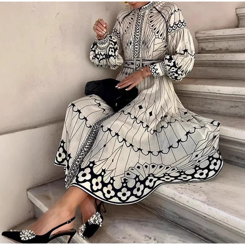 Women's Style Elegant Long-sleeved Printed Large Swing Dresses