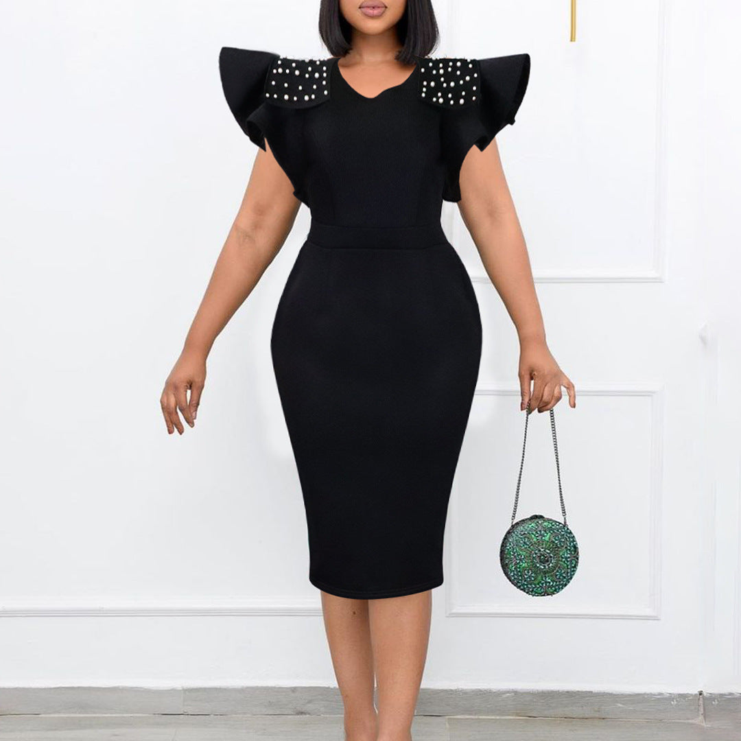 Women's Round Neck Ruffle Sleeve Slit Beaded Plus Size