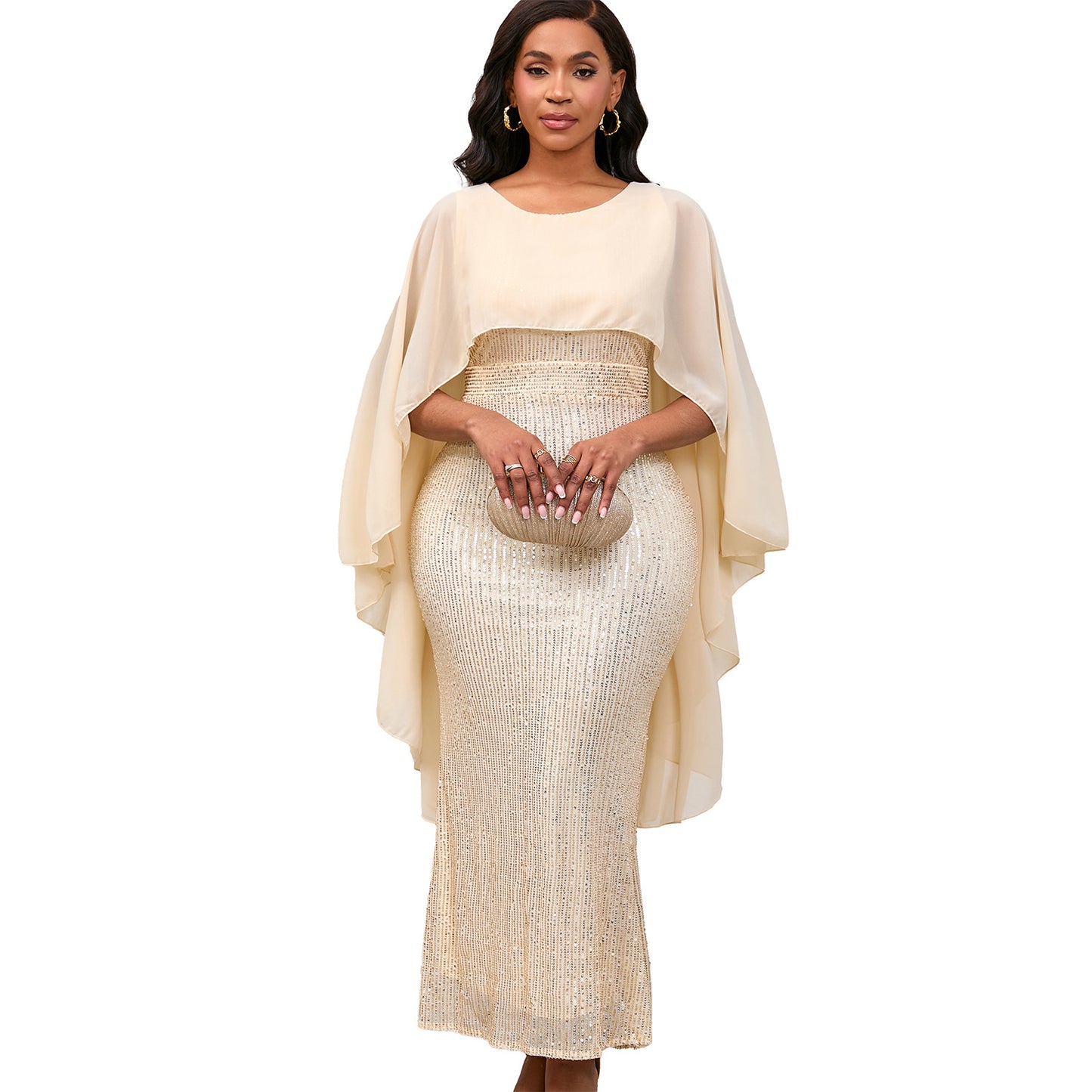 Women's Spring Fashion Chiffon Cape Sequined Sheath Banquet Party Dress