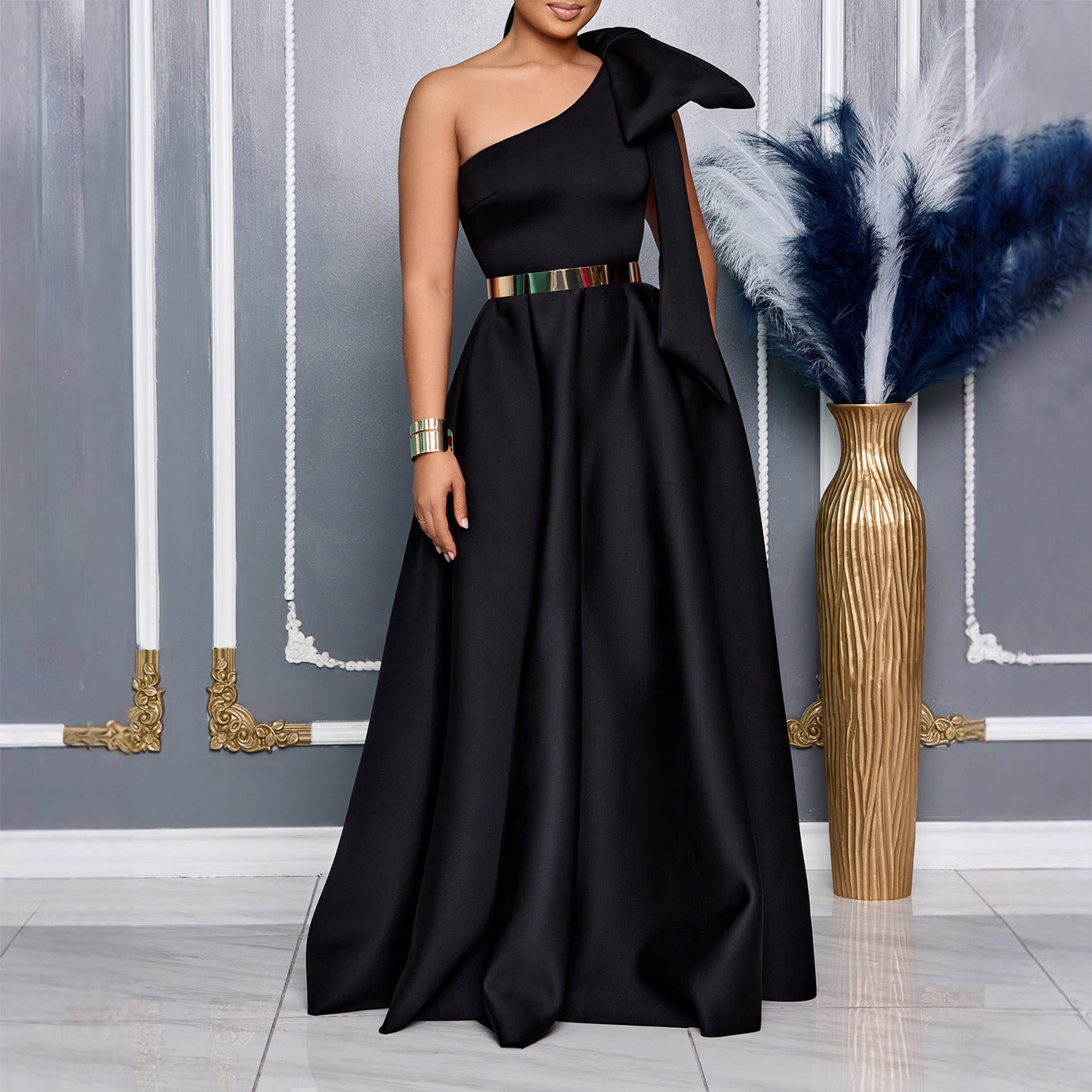 Oblique Shoulder Bow Banquet Formal Long Dress