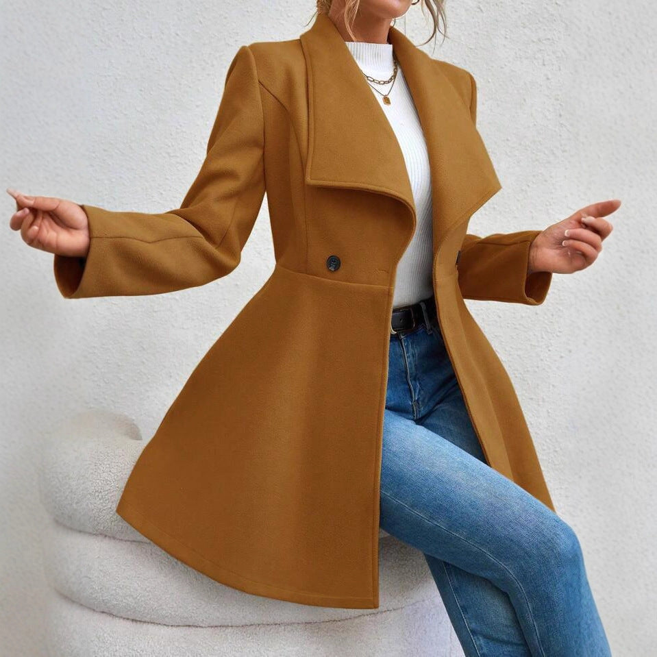 Women's Woolen Slim Fit Long Fashion Lapel Coats
