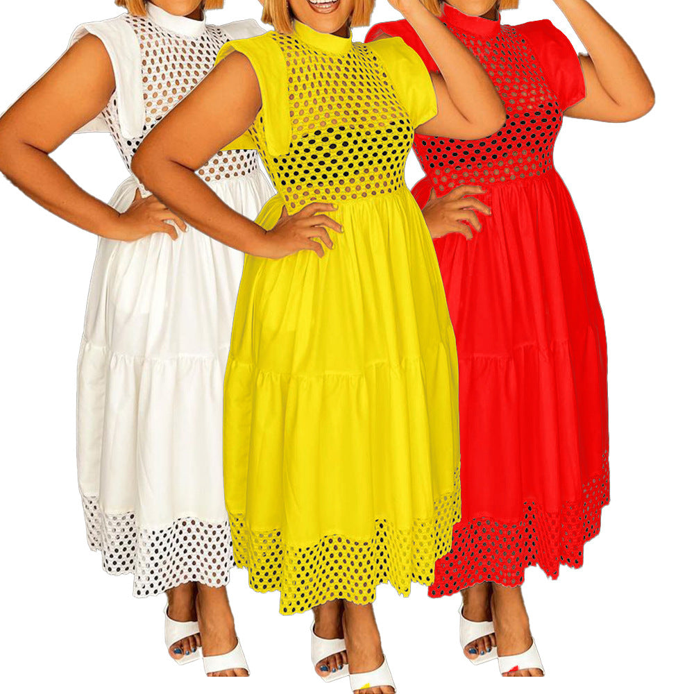 Fei Flounced Sleeve Hollow Out Stitching Temperament Commute Loose A- Dress