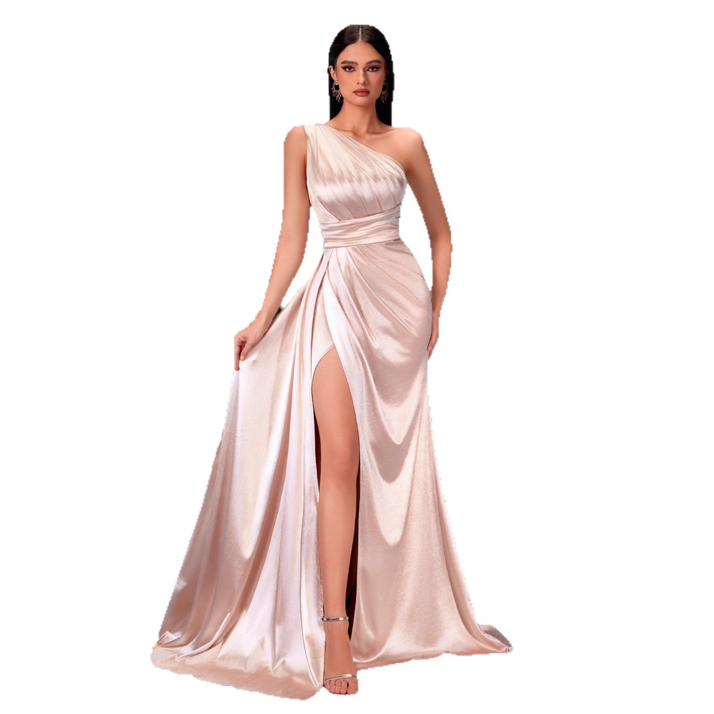 Satin Pleated Waist Tight Split Banquet Host Catwalk Dress