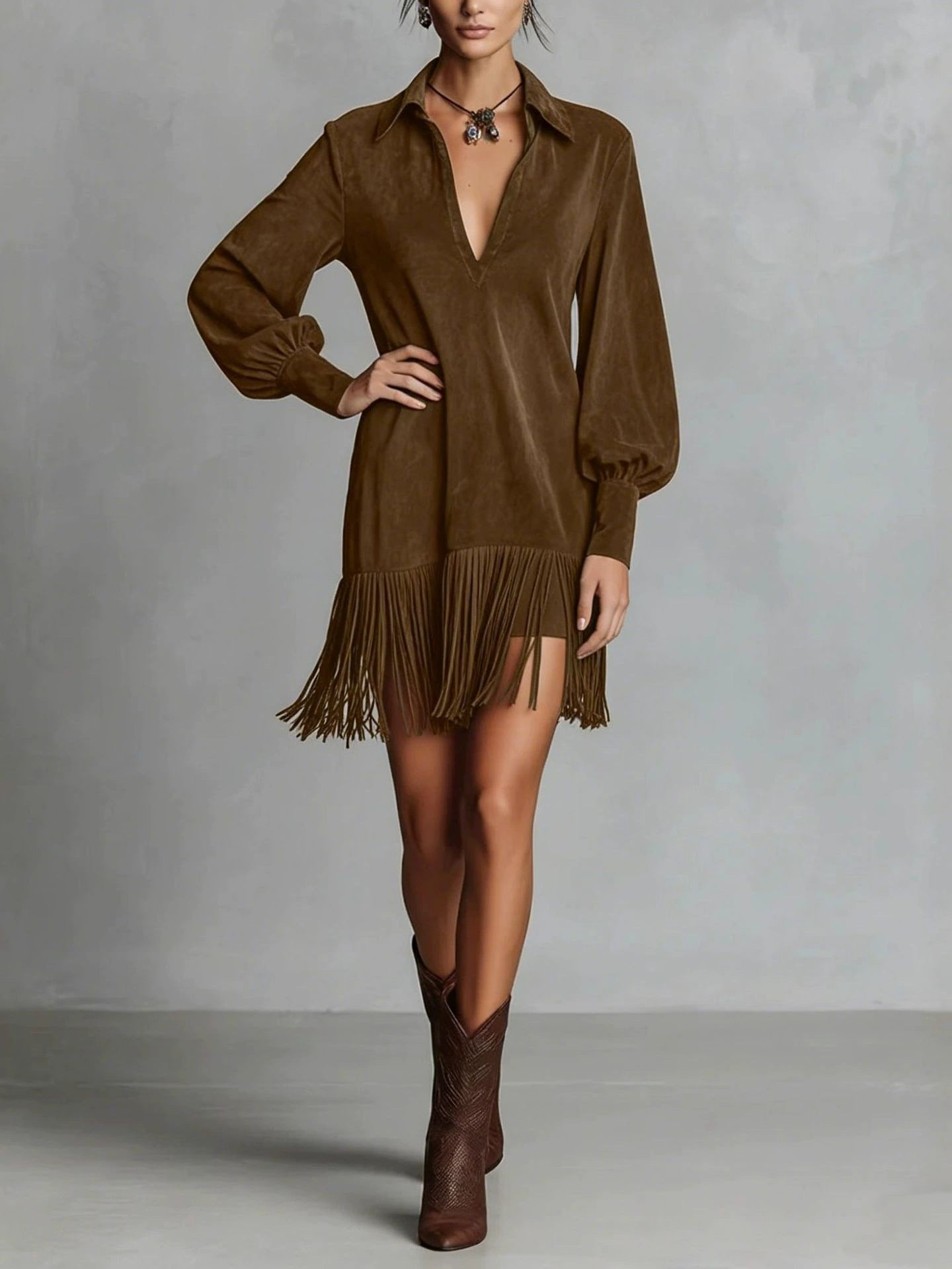 Women's Deerskin Solid Color Black Style Fringed Hem Long Dress