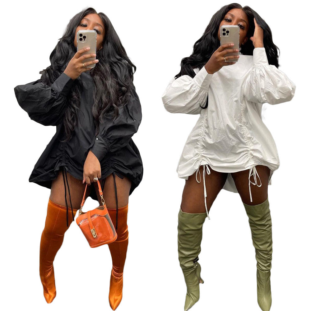 Women's Fashion Drawstring Loose-fitting Solid Color Long Sleeves Mini Sexy 2 Dress