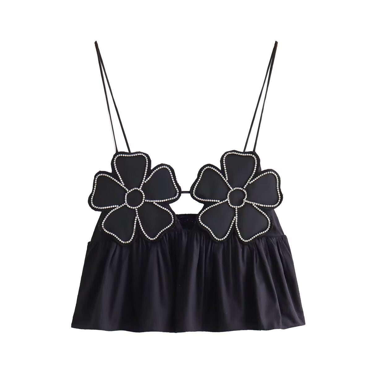 Women's Black Bright Flower Decoration Cotton Small Tops