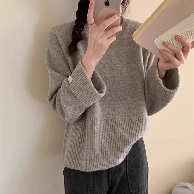 Women's Round Neck Pullover Thickened Niche Design Button Long Tops