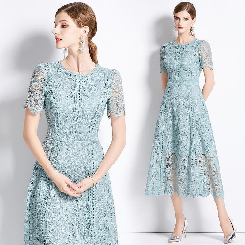 Women's Short-sleeved Lace Dress Mid-length Crocheted Hollowed Purple High Dresses
