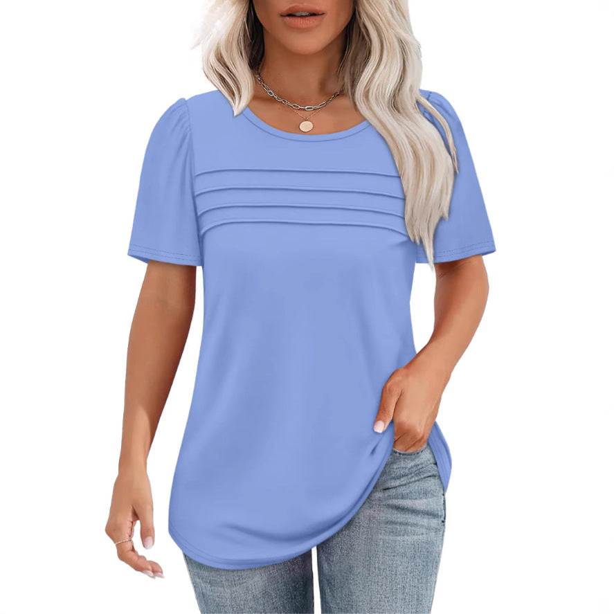 Women's Summer Round Neck Sleeve Chest Tuck Line Blouses
