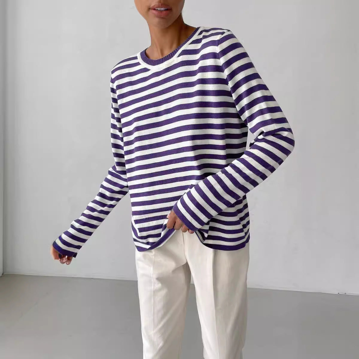 Women's Round Neck Knitted Striped Versatile Classic Retro Pullover Women's Sweater