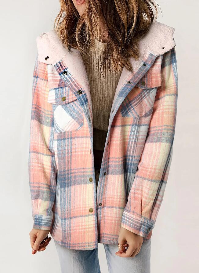 Women's Plaid Long Sleeve Furry Hooded With Coats