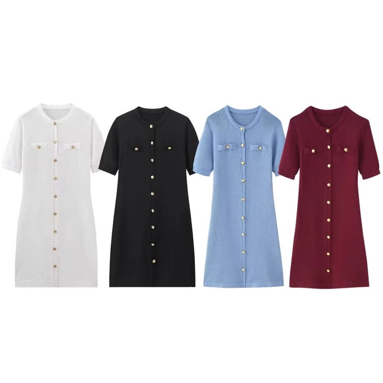 Women's Knitted Short-sleeved Button Wool Dress Dresses