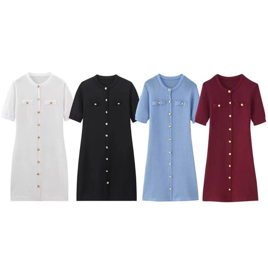 Women's Knitted Short-sleeved Button Wool Dress Dresses