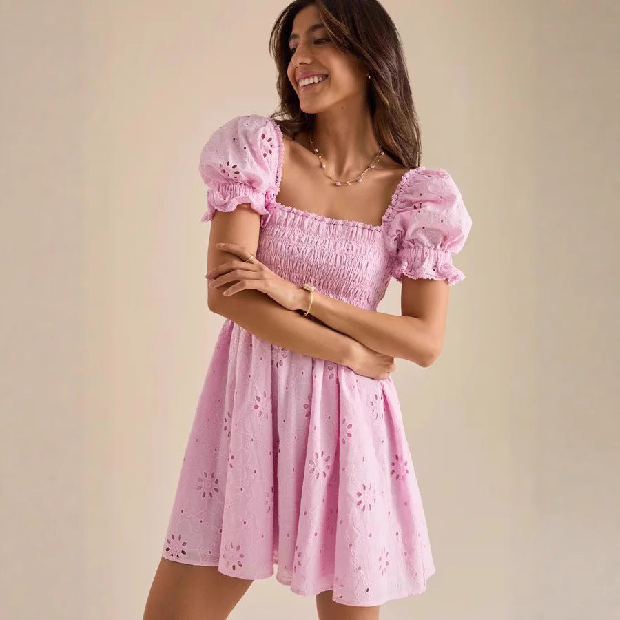 French Sweet Embroidery Square Collar Vacation Dress