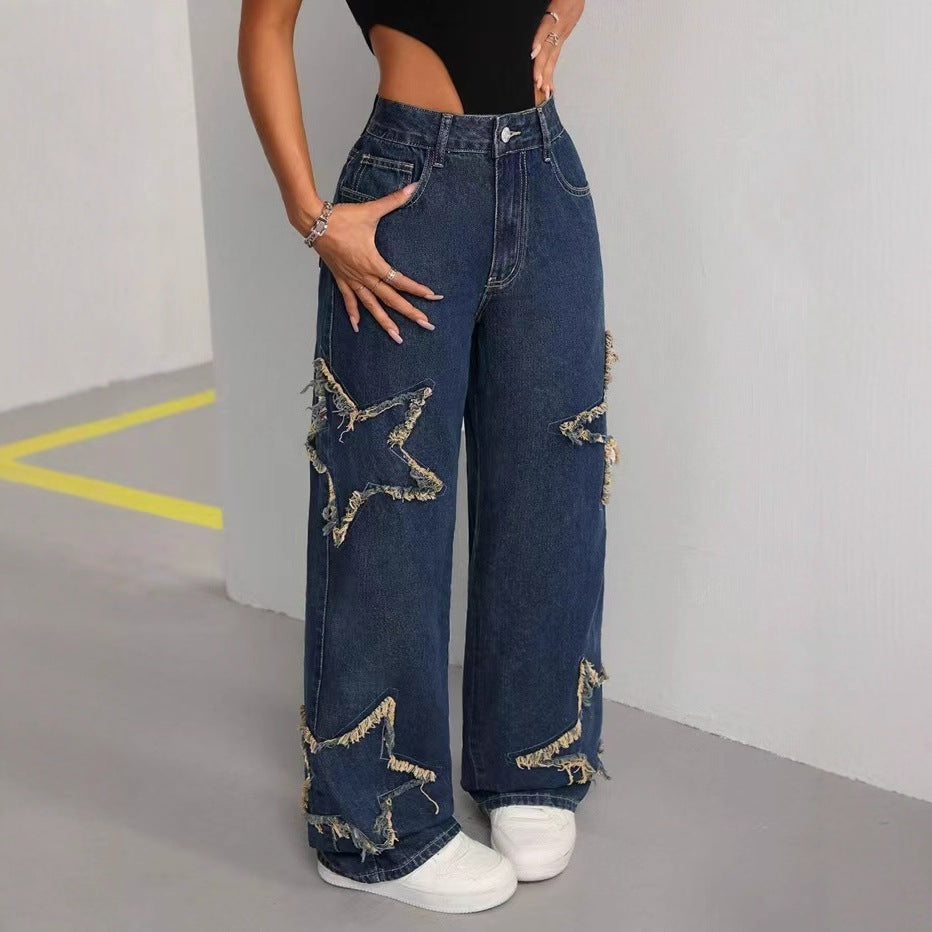 Women's Patch Pentagram Tassel Loose Burrs Straight Jeans
