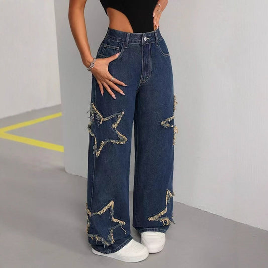 Women's Patch Pentagram Tassel Loose Burrs Straight Jeans
