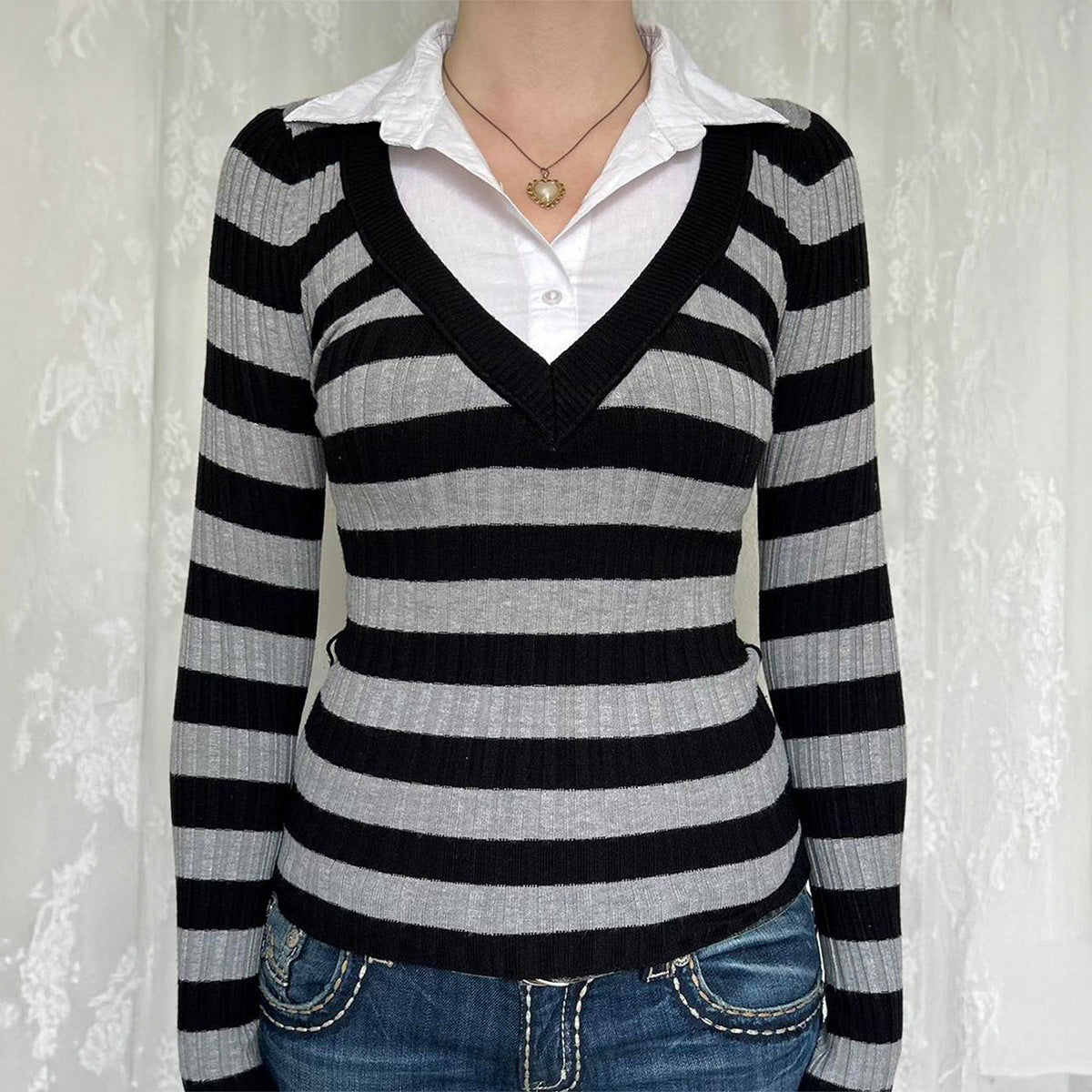Women's Leisure Vacation Stitching Stripe Long Sleeves Blouses