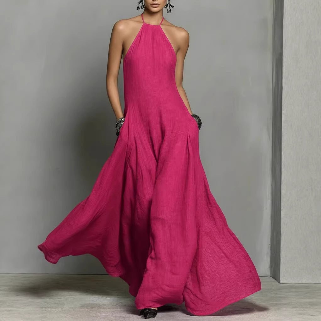 Cotton Linen Blended Simple Backless Sleeveless Dress