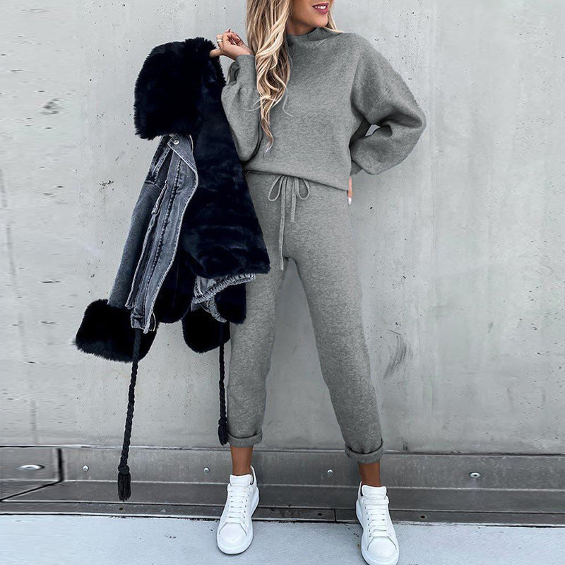 Women's Turtleneck Casual Solid Color Trousers Two-piece Suits
