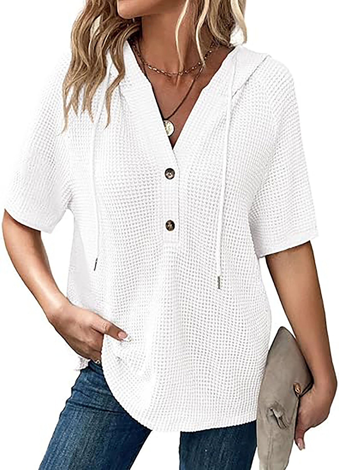 Women's Summer Waffle Knitted Short-sleeved Shirt Lightweight Drawstring Blouses