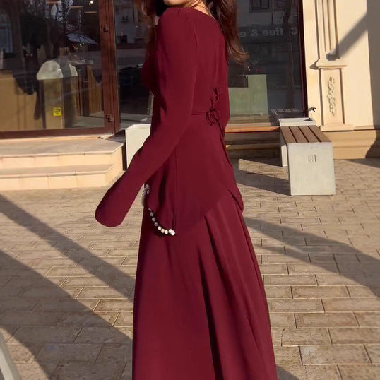 Women's Collar Long Sleeve Elegant Pearl Decoration Dresses