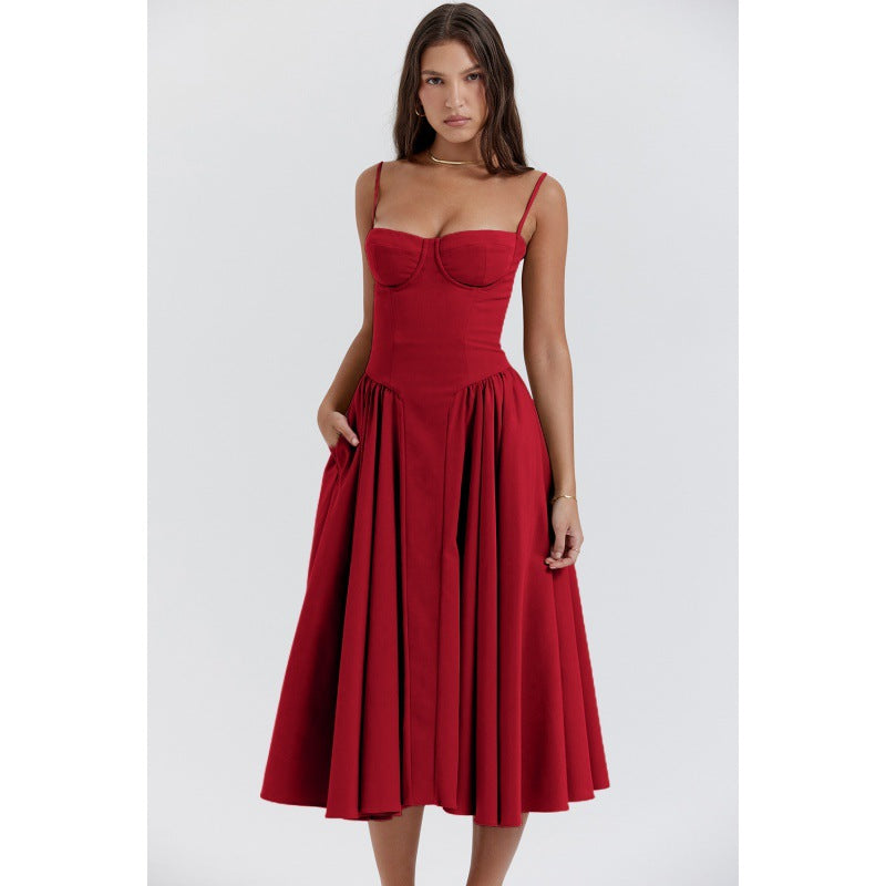 Women's Elegant Palace Style Sexy Low-cut Suspender Large Swing Dress