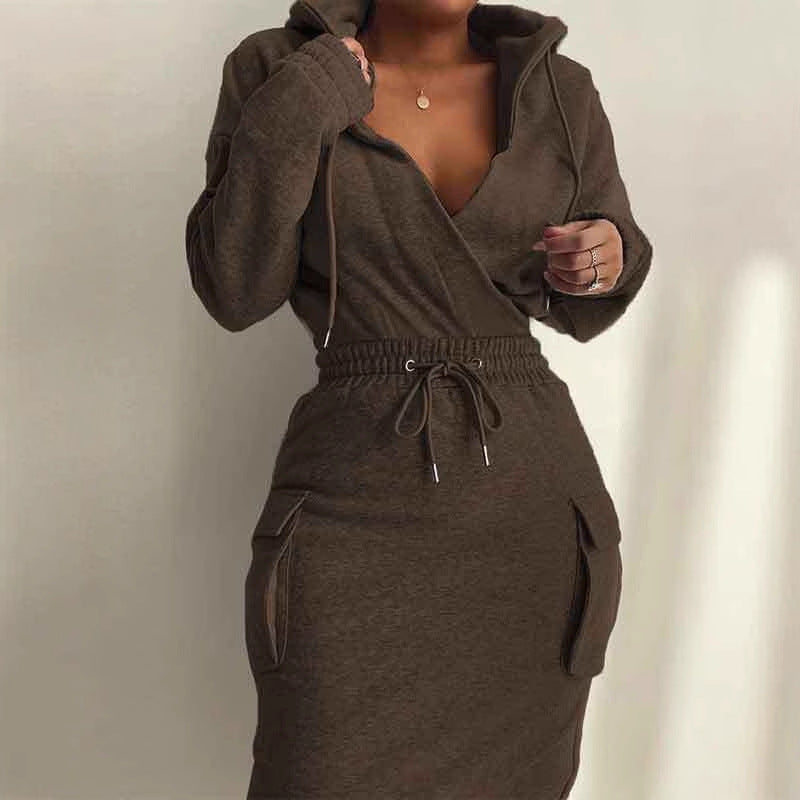 Waist Pocket Sweatshirt Dress Trimming Lace Up Long Dresses