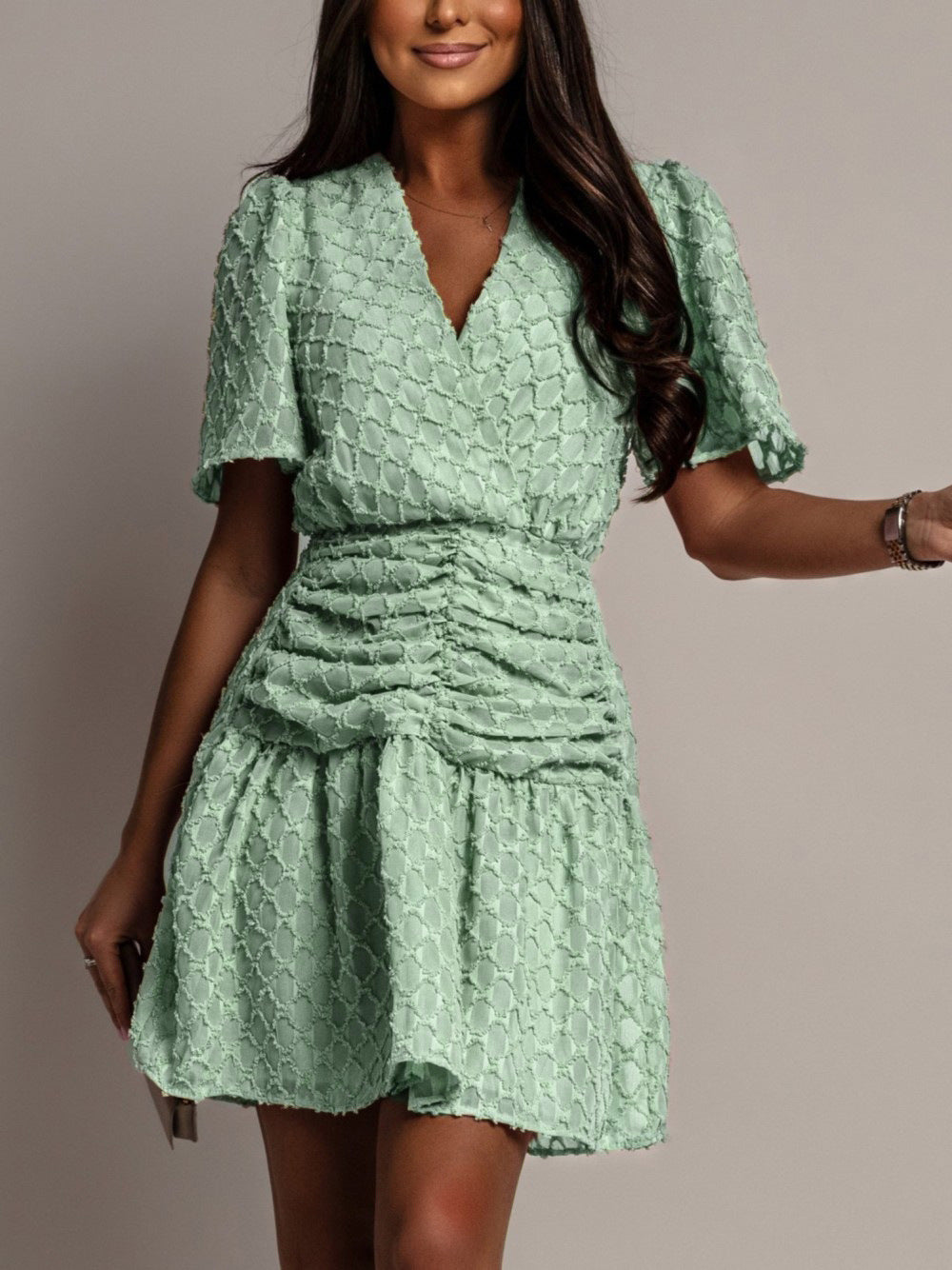 Color Waist Trimming Short-sleeved Plaid Fashion Casual Dress