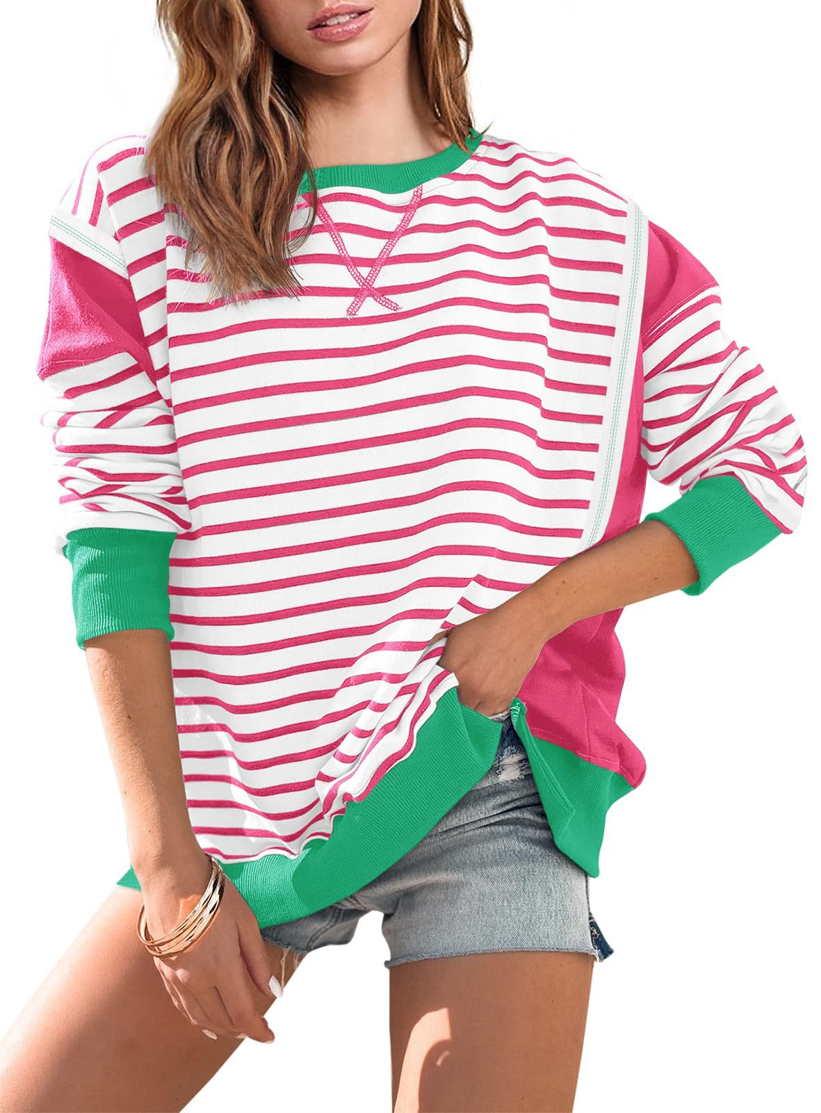 Women's Striped Contrast Color Long Sleeves T-shirt Blouses