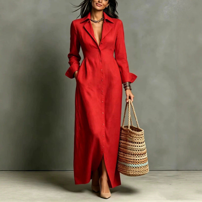 Casual Pocket Solid Color Breasted Lapel Dress