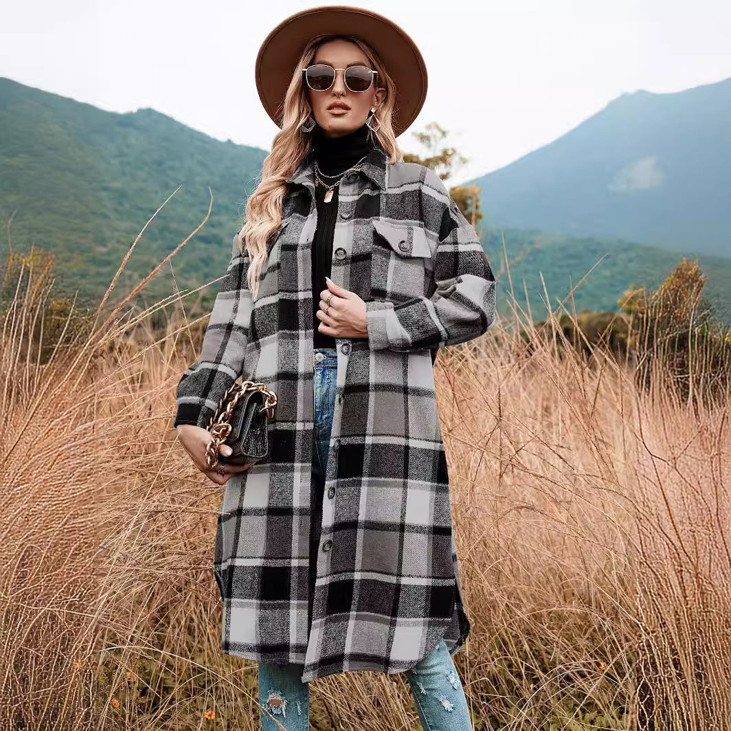 Women's Elegant Long Trench Lapel Pocket Plaid Coats