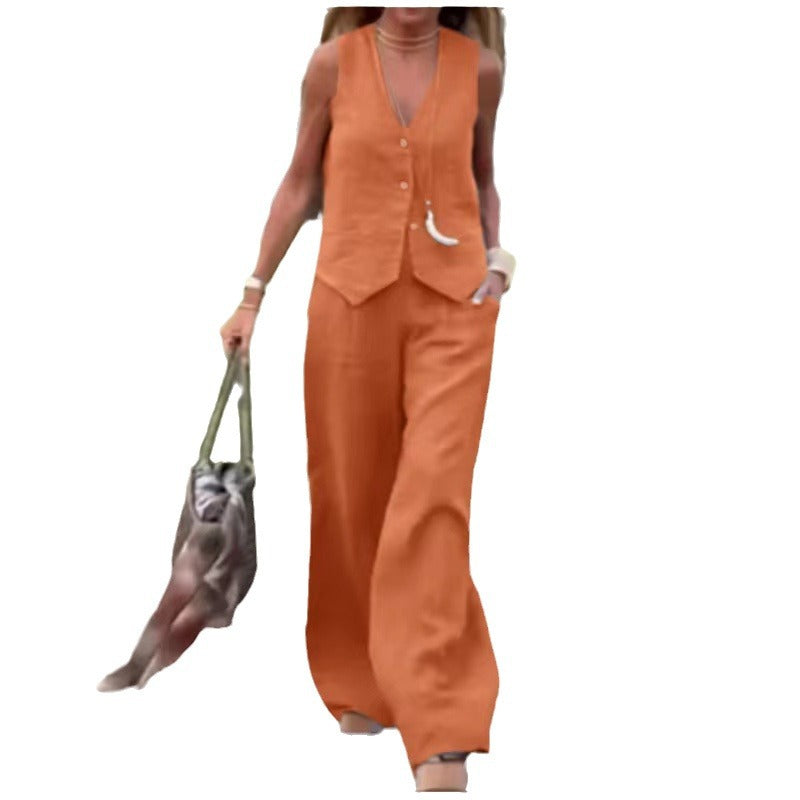 Women's Cotton Linen Sleeveless Waistcoat Trousers Two-piece Set Suits