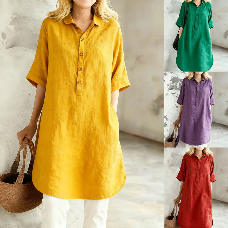 Casual Cotton Linen Sleeve Loose Shirt Dress