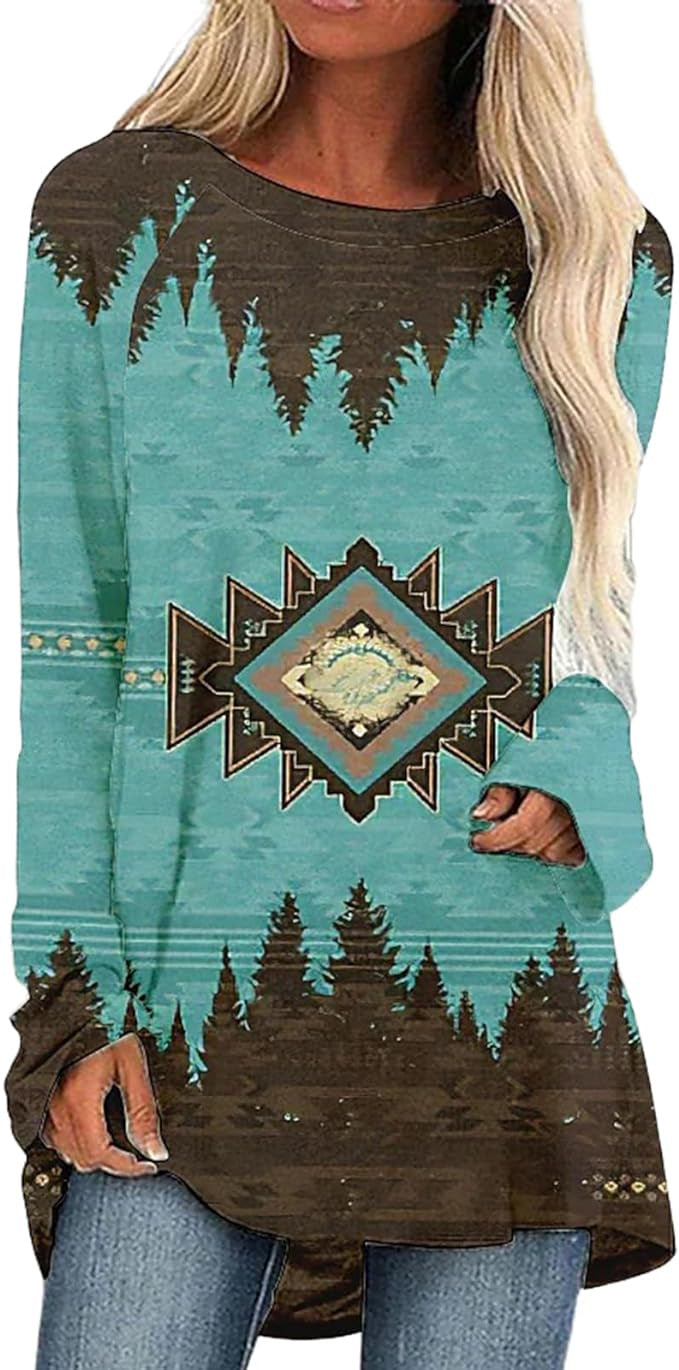 Women's Digital Printing Round Neck Long Sleeve Blouses