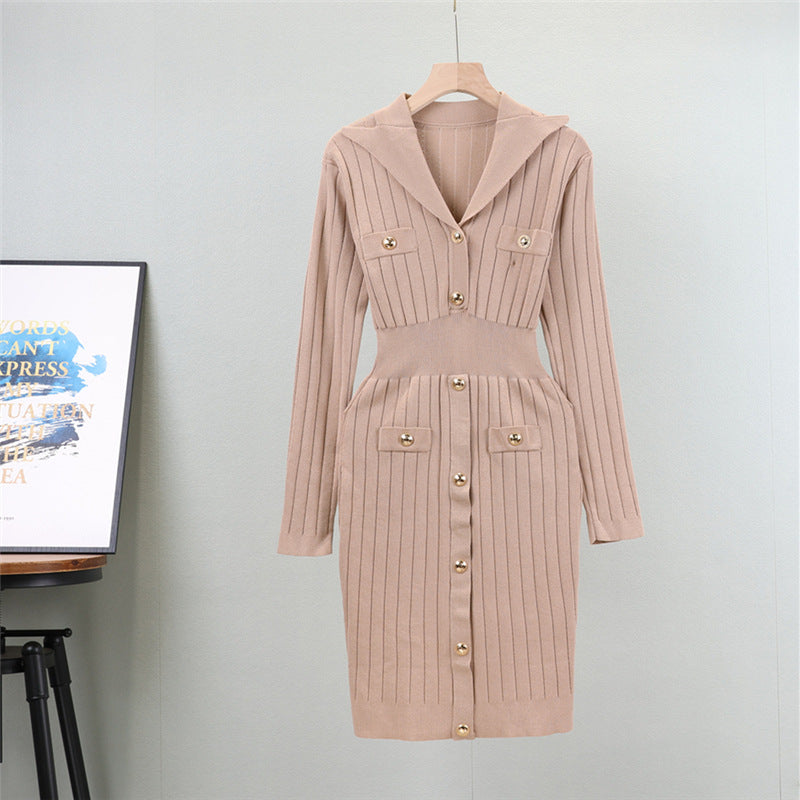 Women's Temperament Long-term Polo Collar Solid Color Dress