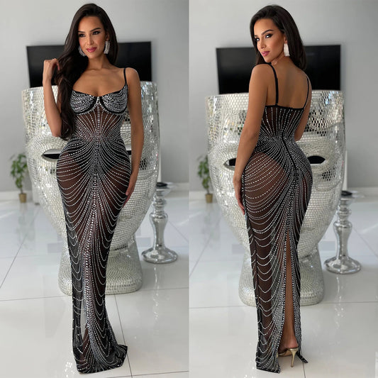 Women's Wear Pure Color Mesh Hot Drilling Sling Dresses