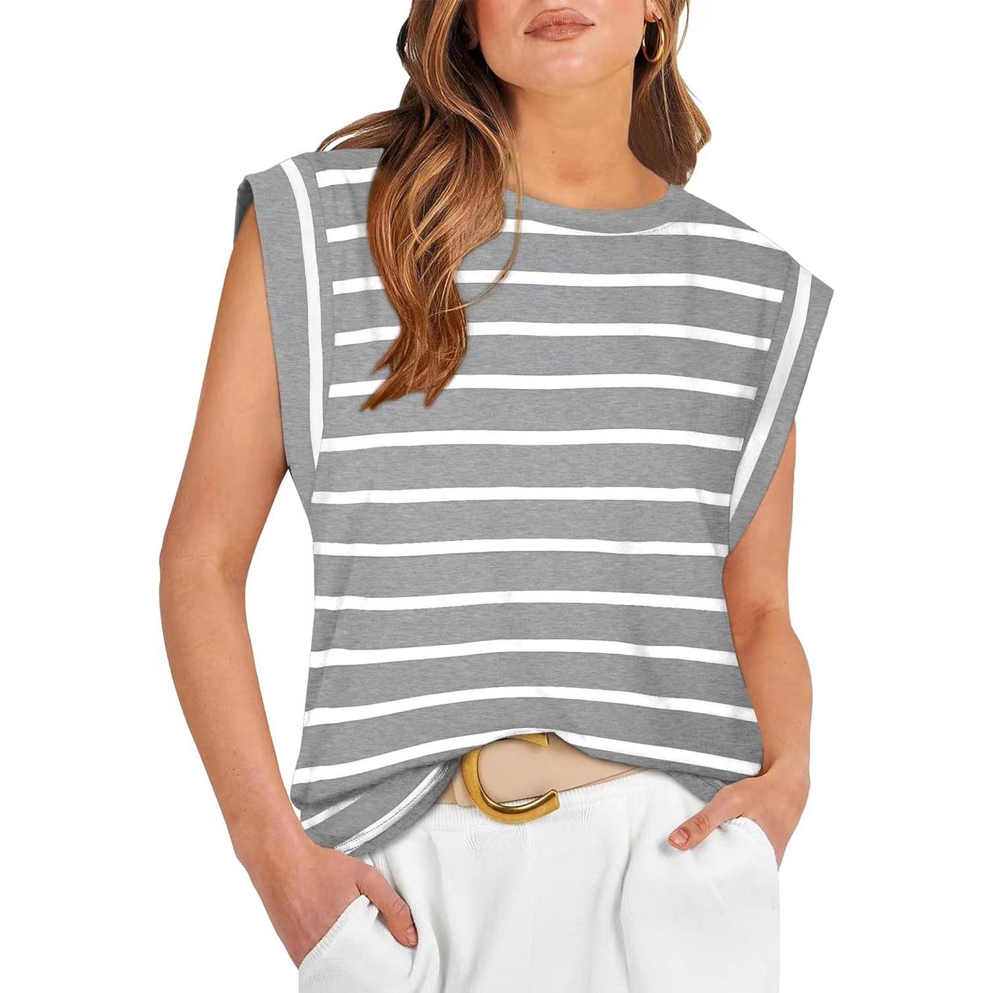 Women's Round Neck Loose Sleeves T-shirt Striped Blouses