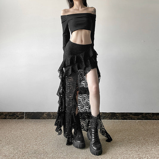 Women's Autumn Unique Design Black Lace Wavy Skirts