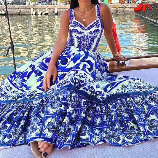Women's Printed Bohemian Style Sexy Sling Large Dresses