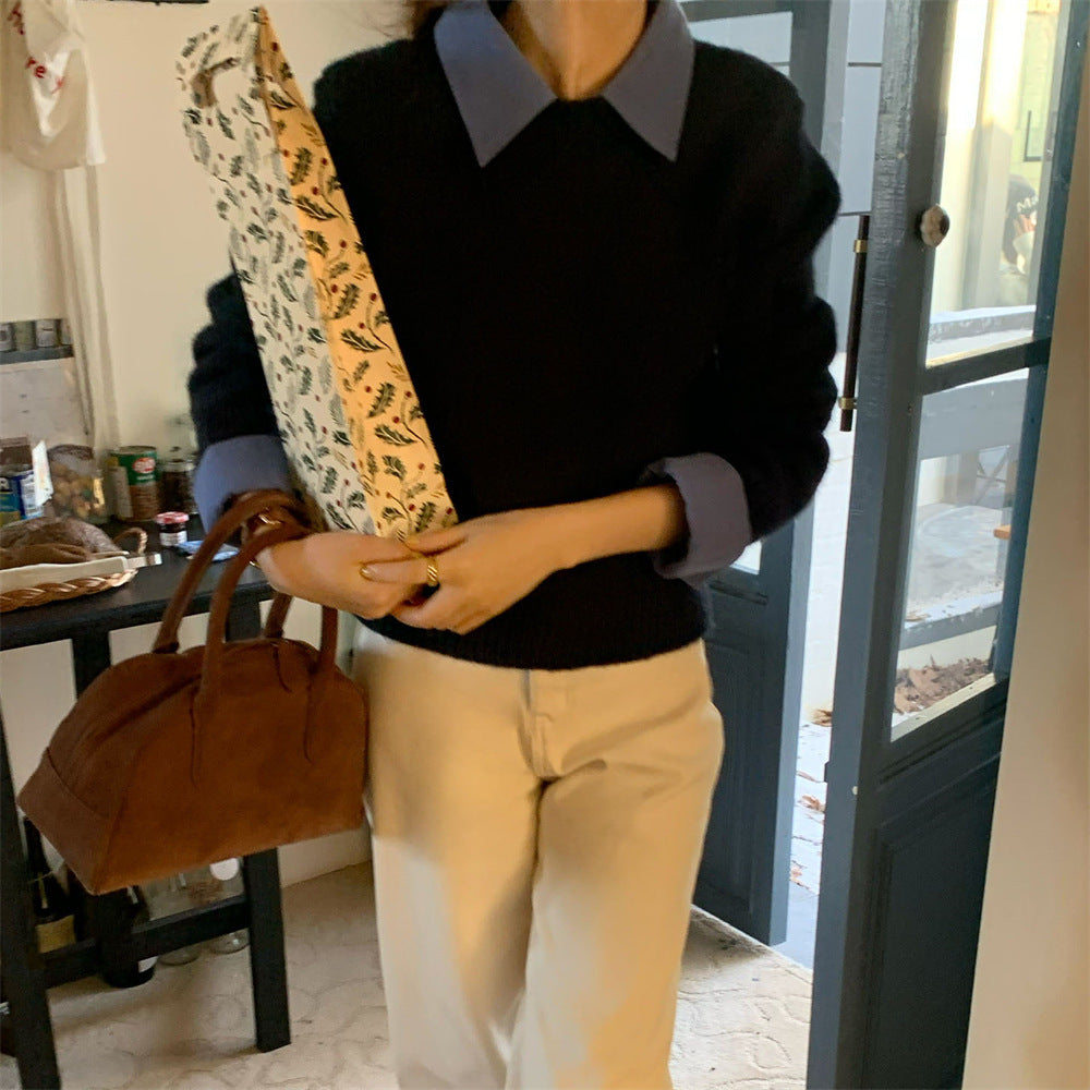 Women's Stitching Shirt Collar Fake Two-piece Knitted Sweater