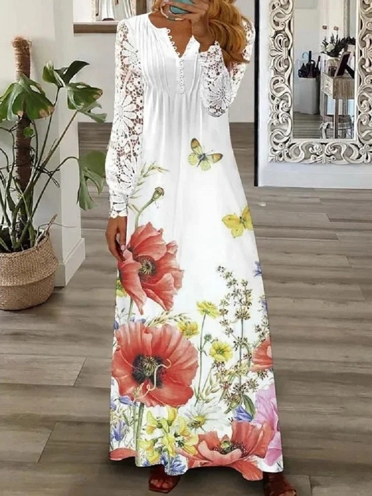 Women's Autumn Fashion Printed Lace Long-sleeved Clothing