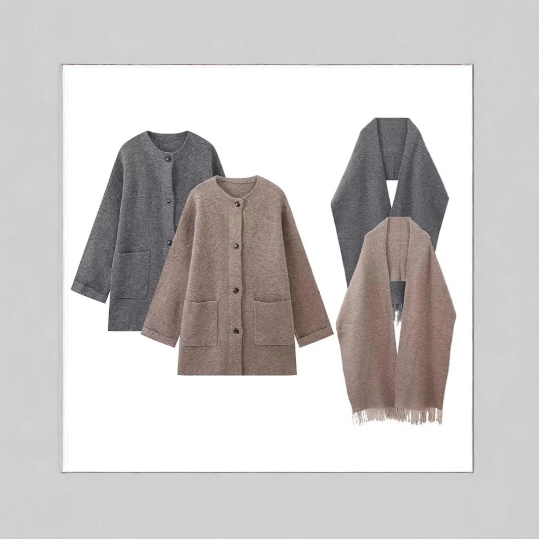 Women's Stylish Elegant Knitted With Scarf Coats